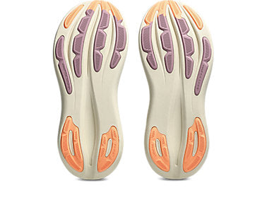 asics gel nimbus 28 for women, maximum cushioned lightweight long distance running shoe, balck colour with light purple and orange details, profile of sole of both shoes on a white background