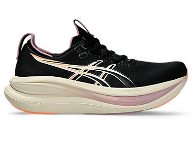 asics gel nimbus 28 for women, maximum cushioned lightweight long distance running shoe, balck colour with light purple and orange details, side profile of shoe on a white background