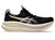 asics gel nimbus 28 for women, maximum cushioned lightweight long distance running shoe, balck colour with light purple and orange details, side profile of shoe on a white background