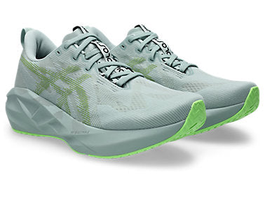 asics novablast 5 mens, lightweight springy cushioned road running shoes, light green with mint details on the heel, side profile of shoe shoe on white background