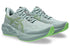 asics novablast 5 mens, lightweight springy cushioned road running shoes, light green with mint details on the heel, side profile of shoe shoe on white background
