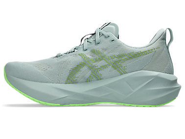 asics novablast 5 mens, lightweight springy cushioned road running shoes, light green with mint details on the heel, side profile of shoe shoe on white background