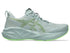 asics novablast 5 mens, lightweight springy cushioned road running shoes, light green with mint details on the heel, side profile of shoe shoe on white background