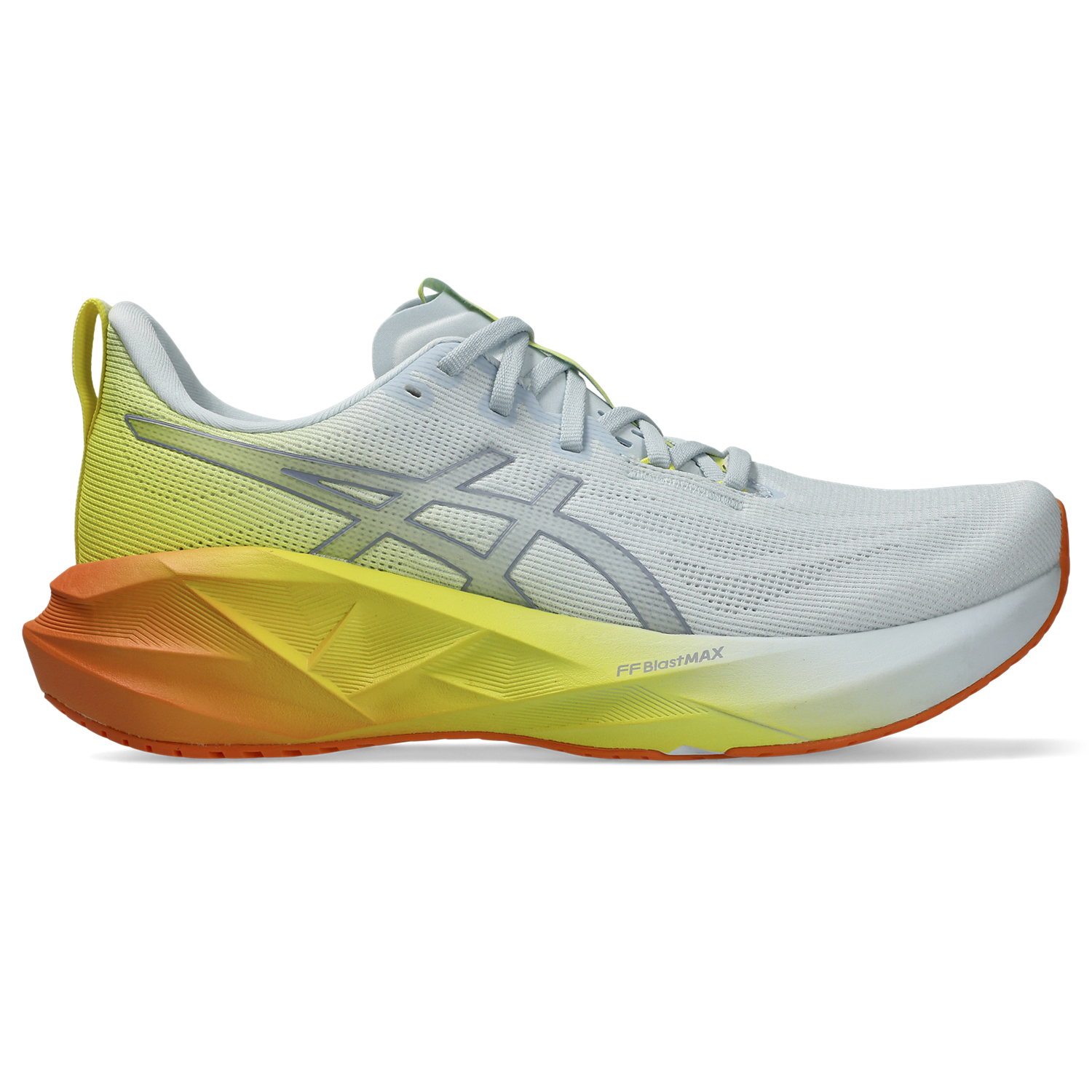 asics novablast 5 mens, lightweight springy cushioned road running shoes, light blue with yellow and orange details on the heel, side profile of shoe shoe on white background