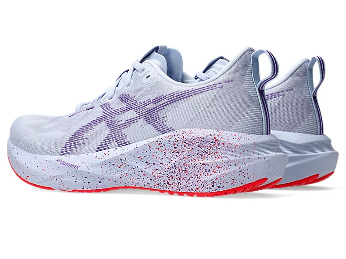 purple asics novablast running shoes red and dark purple speckle details