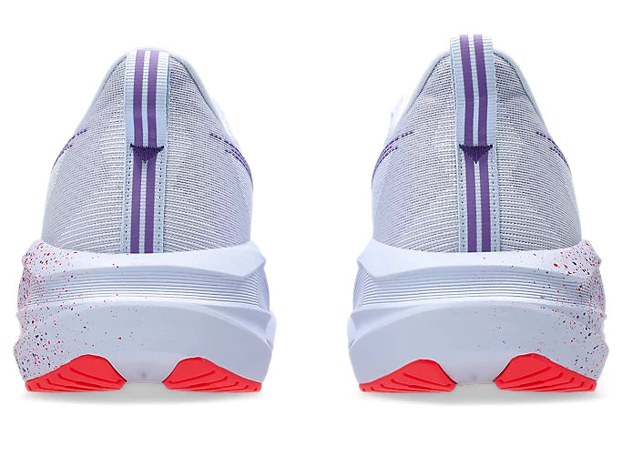 purple asics novablast running shoes heels with red accents