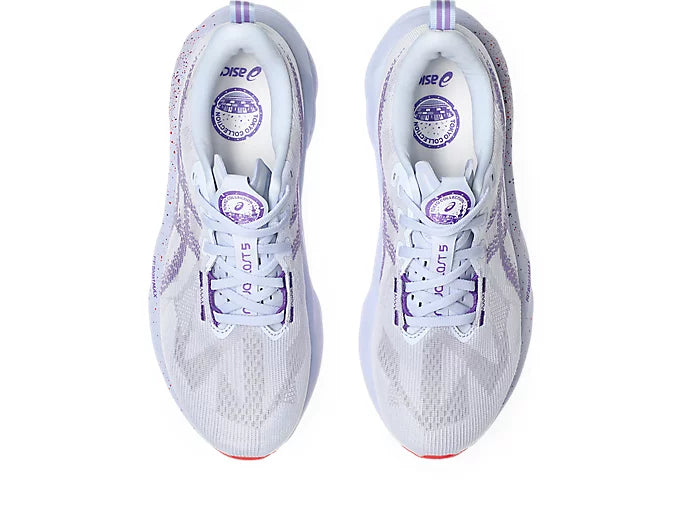 pair of purple asics novablast running shoes top down 