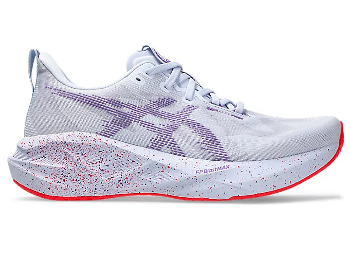 purple asics novablast running shoes with red and purple speckled details