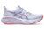 purple asics novablast running shoes with red and purple speckled details