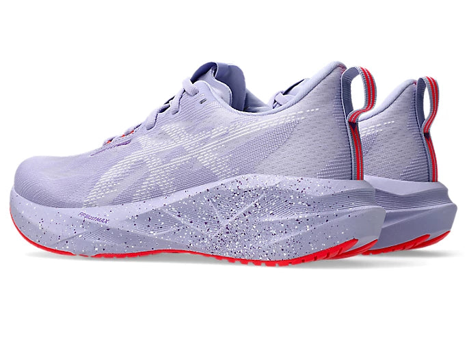 Pair of purple asics novablast running shoe for women heel with speckled details