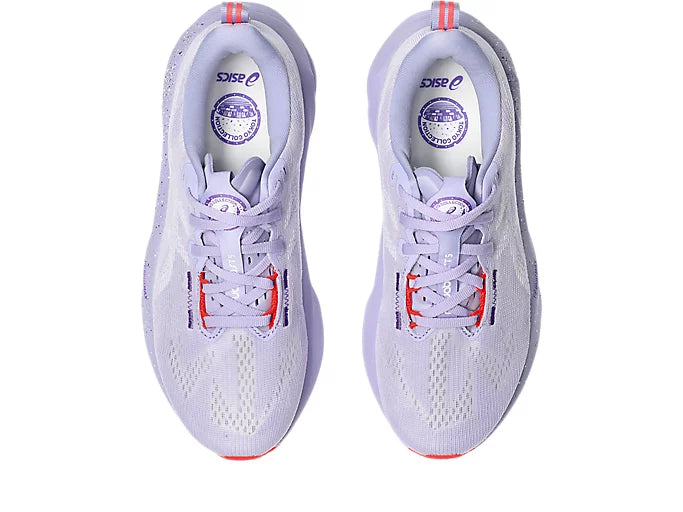 Top view of a pair of purple asics novablast running shoe for women