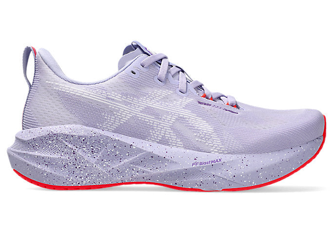 Purple asics novablast running shoe for women with white and purple speckles