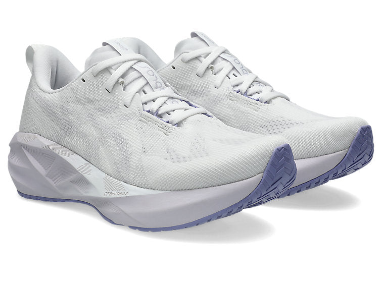 womens asics novablast 5 lightweight daily trainer for running, white light purple colour front side view