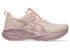 asics novablast 5 for women, bouncy cushioned shoe lightweight and springy, light tan with light purple sole, side profile of shoe