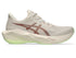 asics novablast 6 mens, lighweight energentic and bounce road running shoe, beige colour with brown and neon lime details, side profile of shoe