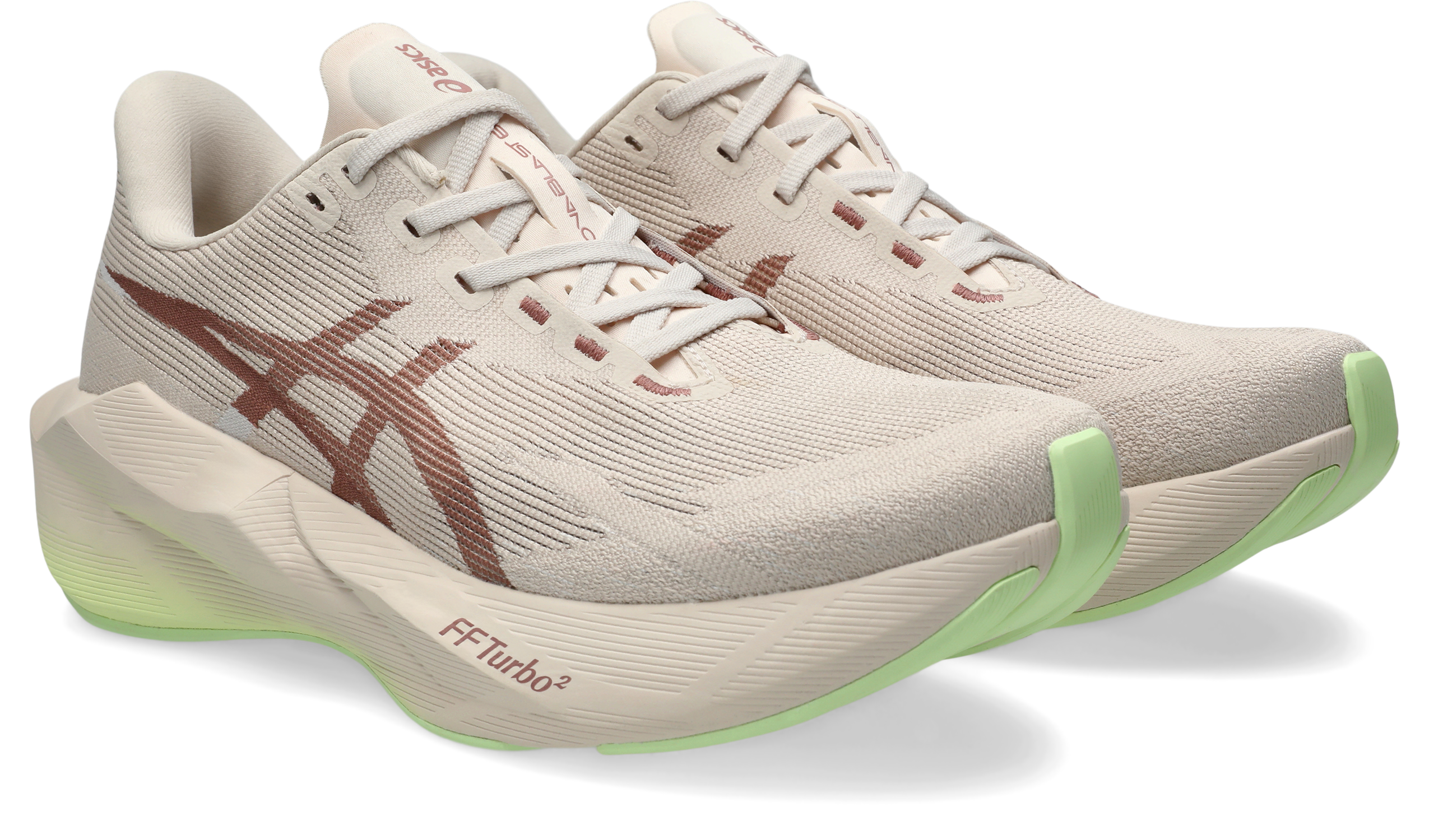 asics novablast 6, lightweight bouncy road running shoe with high energy return, grey and beige colour with brown and neon green details, front side angle of pair of shoes