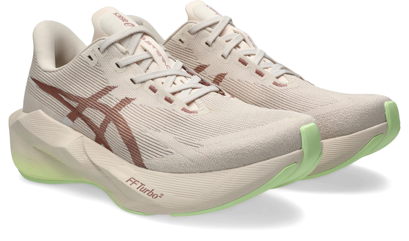 asics novablast 6, lightweight bouncy road running shoe with high energy return, grey and beige colour with brown and neon green details, front side angle of pair of shoes