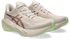 asics novablast 6, lightweight bouncy road running shoe with high energy return, grey and beige colour with brown and neon green details, front side angle of pair of shoes