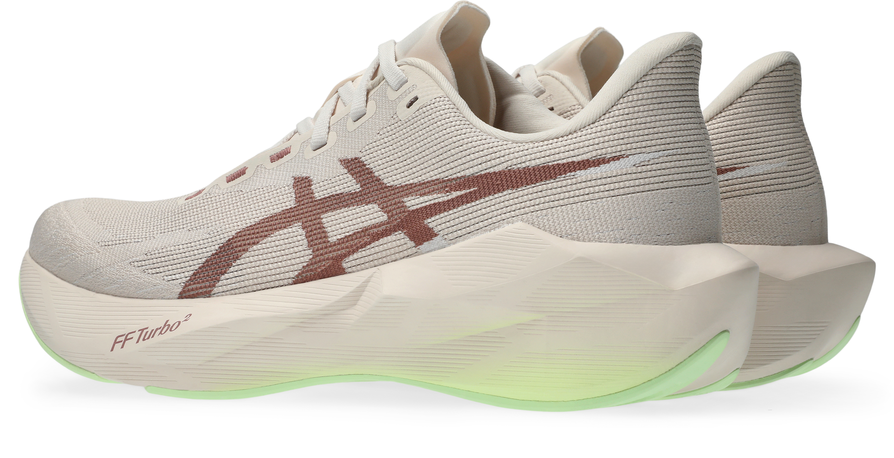 asics novablast 6, lightweight bouncy road running shoe with high energy return, grey and beige colour with brown and neon green details, back angle of shoes with focus on heels