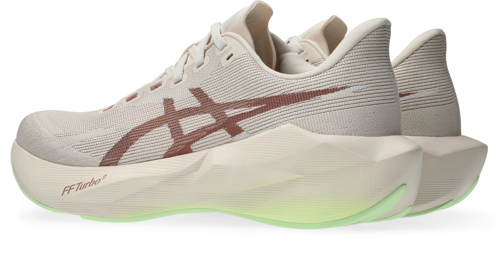 asics novablast 6, lightweight bouncy road running shoe with high energy return, grey and beige colour with brown and neon green details, back angle of shoes with focus on heels