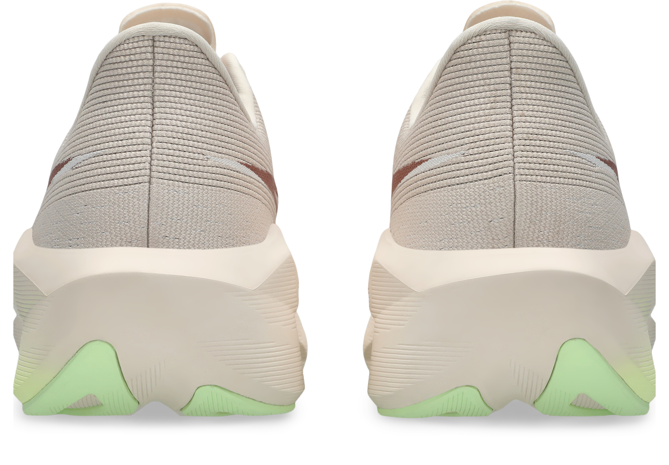 asics novablast 6, lightweight bouncy road running shoe with high energy return, grey and beige colour with brown and neon green details, back heels of shoes
