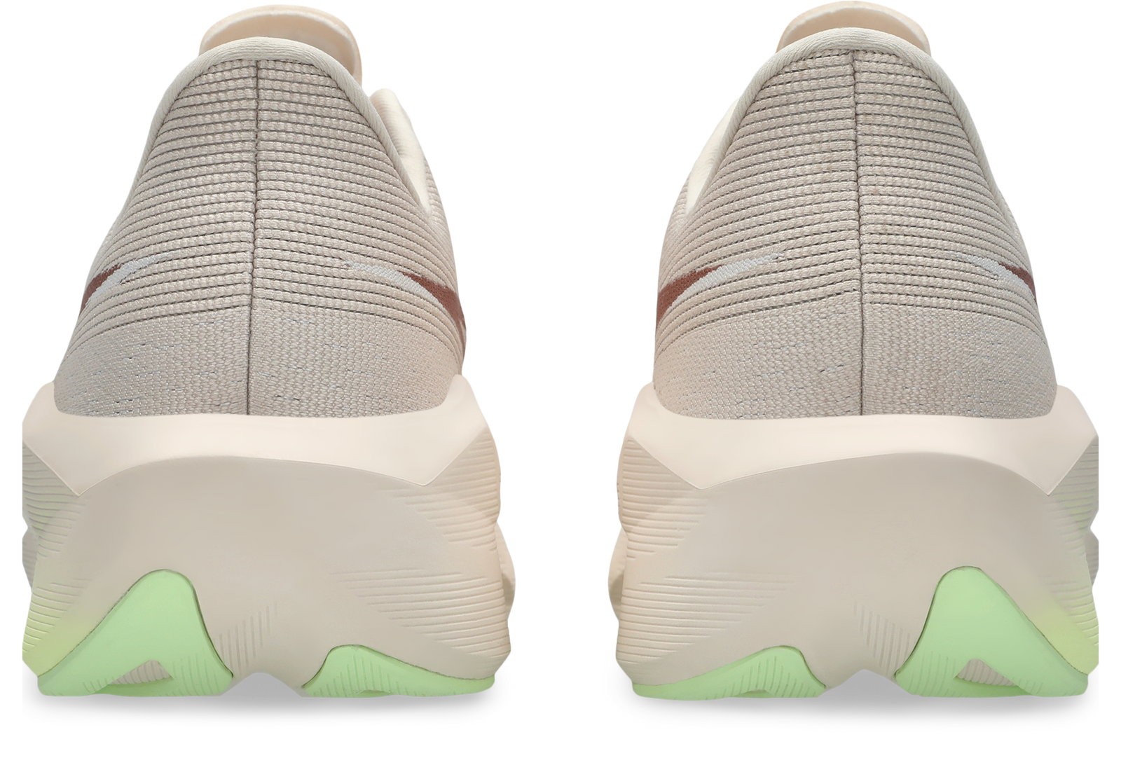 asics novablast 6, lightweight bouncy road running shoe with high energy return, grey and beige colour with brown and neon green details, back heels of shoes