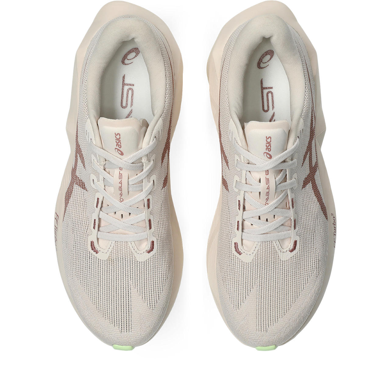 asics novablast 6, lightweight bouncy road running shoe with high energy return, grey and beige colour with brown and neon green details, top down view of shoe