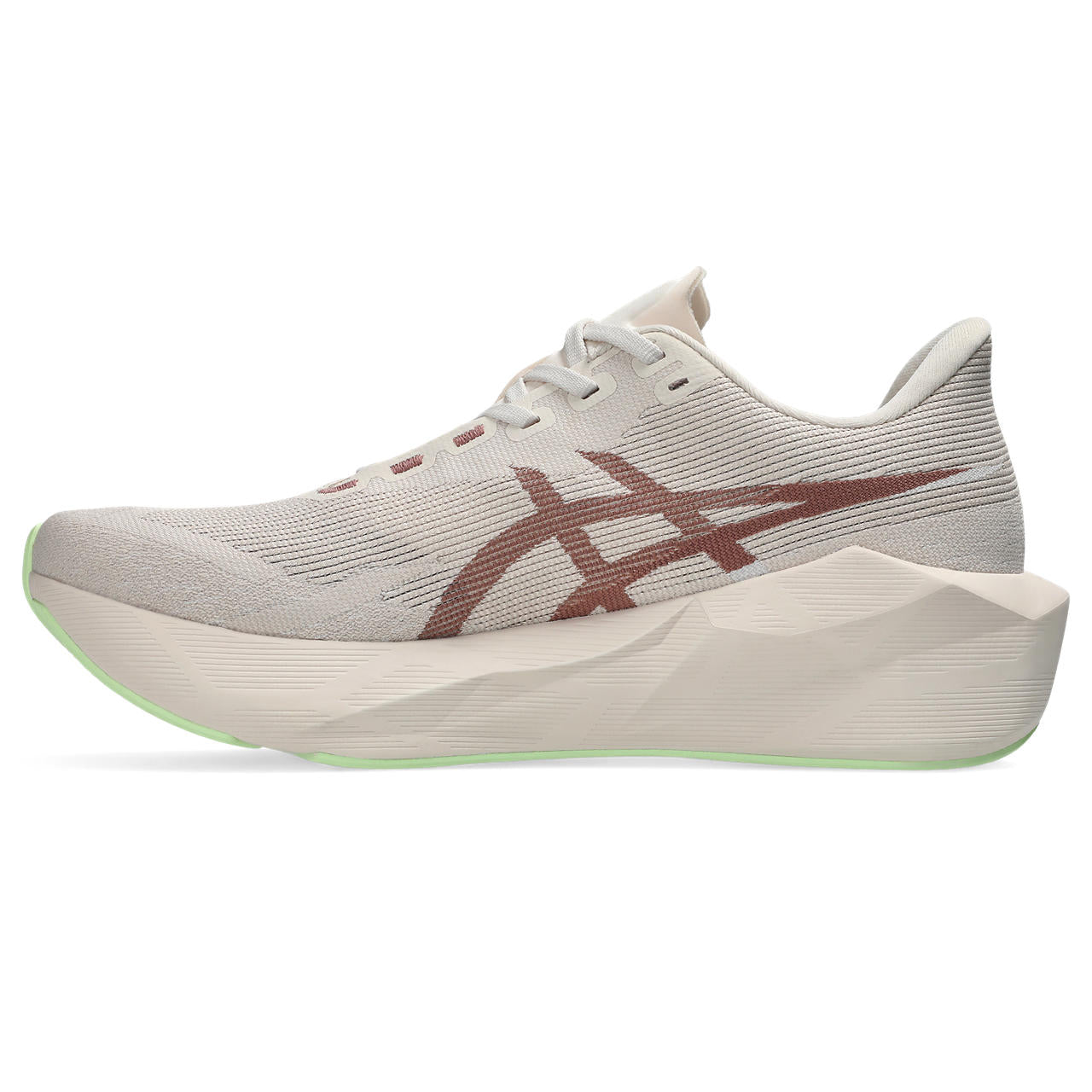 asics novablast 6, lightweight bouncy road running shoe with high energy return, grey and beige colour with brown and neon green details, inside profile side of shoes