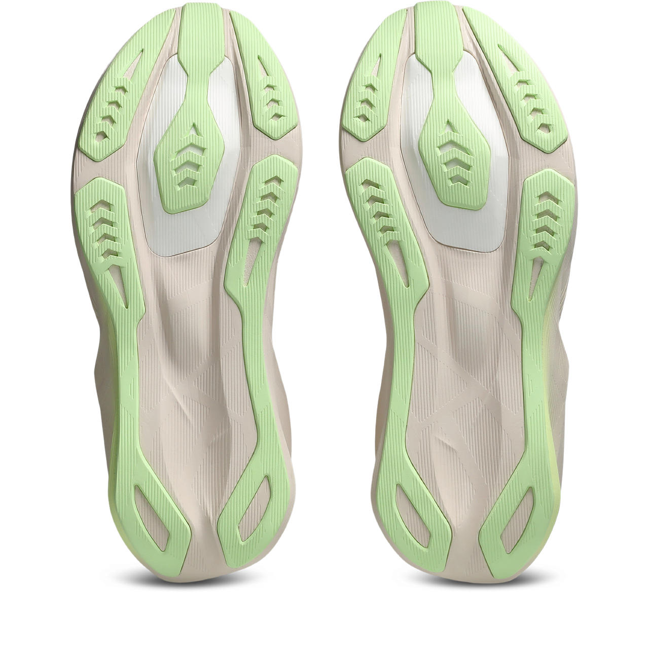 asics novablast 6, lightweight bouncy road running shoe with high energy return, light beige colour with neon green details, soles of shoe