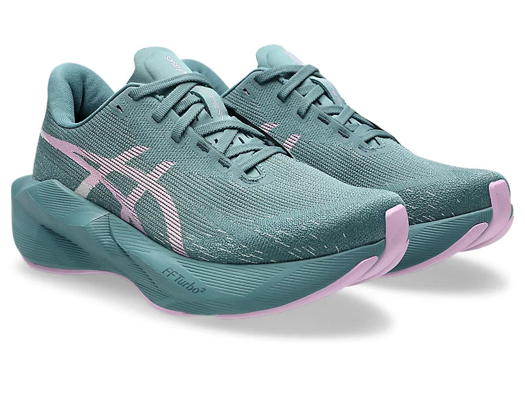asics novablast 6 womens, lightweight bouncy road running shoe with high energy return, teal colour with lilac green details, side profile of both shoes