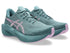 asics novablast 6 womens, lightweight bouncy road running shoe with high energy return, teal colour with lilac green details, side profile of both shoes