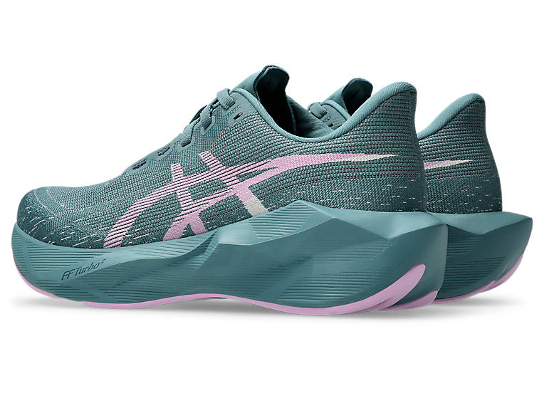 asics novablast 6 womens, lightweight bouncy road running shoe with high energy return, teal colour with lilac green details, back profile of both shoes