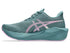 asics novablast 6 womens, lightweight bouncy road running shoe with high energy return, teal colour with lilac green details, side profile of shoe