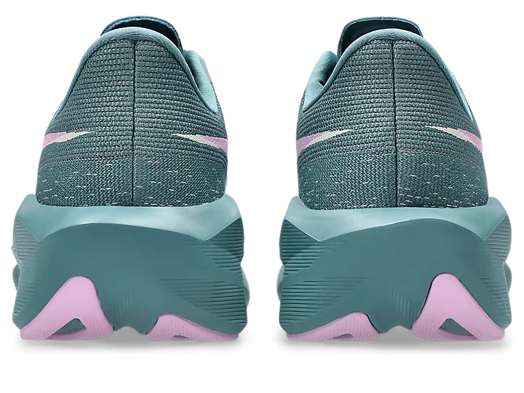 asics novablast 6 womens, lightweight bouncy road running shoe with high energy return, teal colour with lilac green details, heel profile of both shoes
