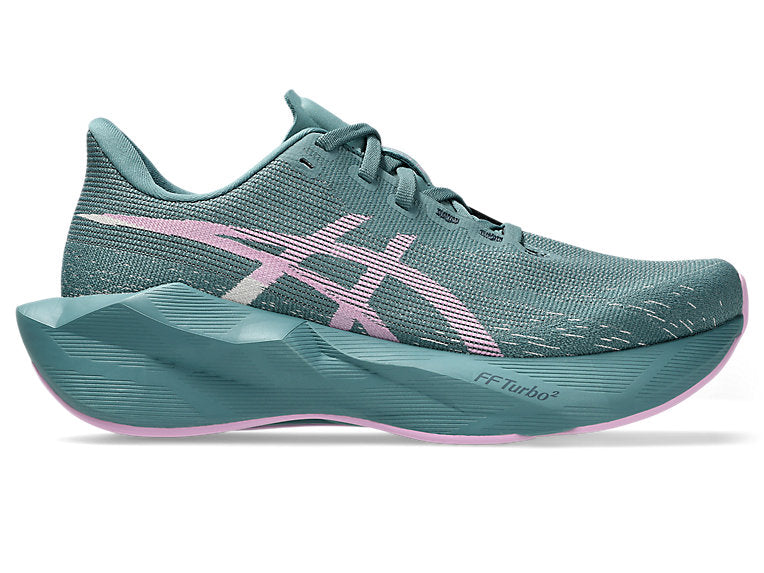 asics novablast 6 womens, lightweight bouncy road running shoe with high energy return, teal colour with lilac green details, side profile of shoe