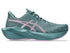 asics novablast 6 womens, lightweight bouncy road running shoe with high energy return, teal colour with lilac green details, side profile of shoe