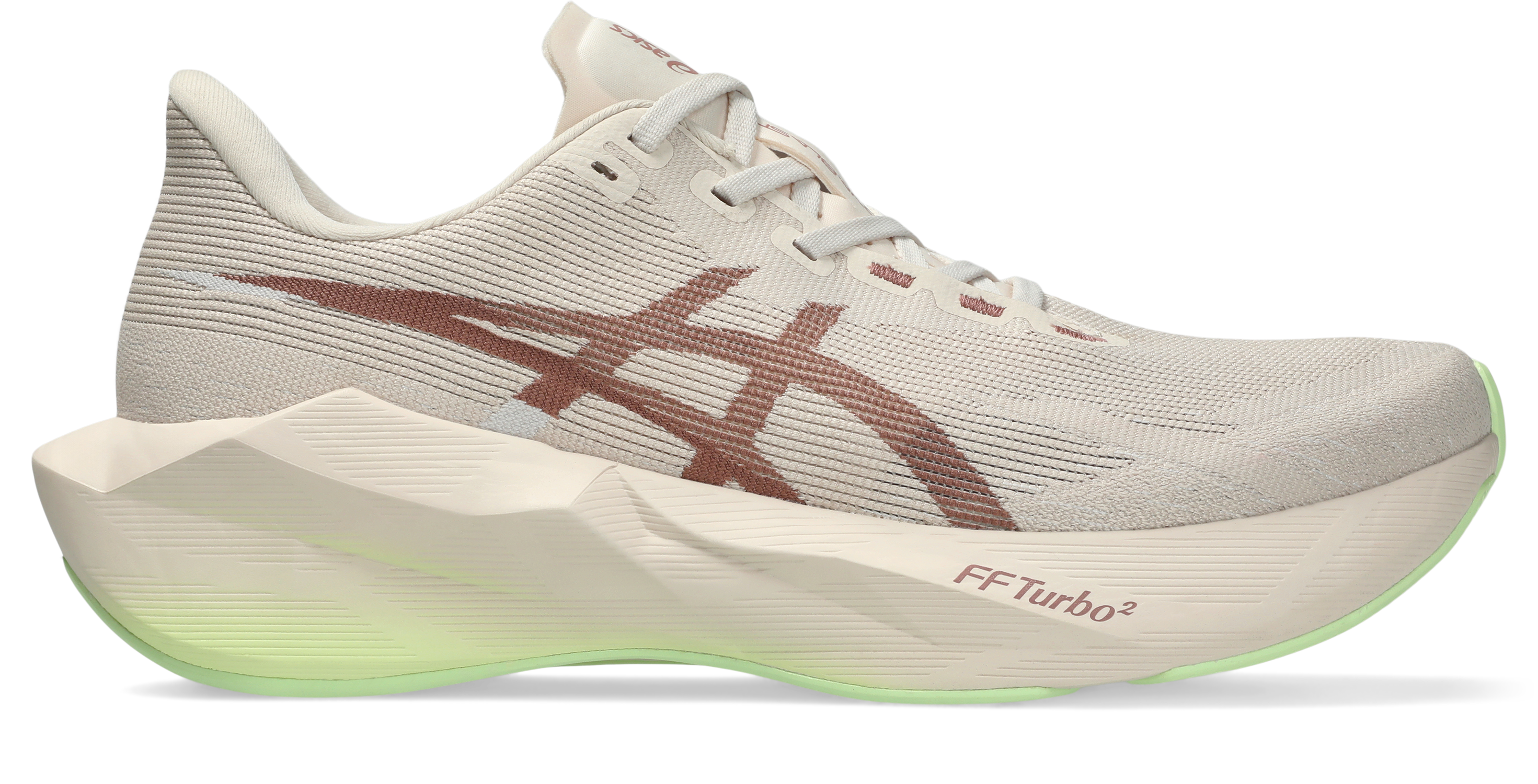 asics novablast 6 womens, lightweight bouncy road running shoe with high energy return, grey and beige colour with brown and neon green details, side profile of shoe