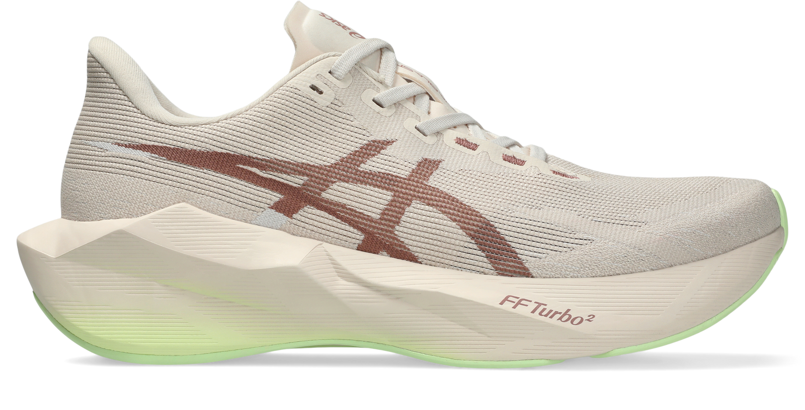 asics novablast 6 womens, lightweight bouncy road running shoe with high energy return, grey and beige colour with brown and neon green details, side profile of shoe