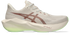 asics novablast 6 womens, lightweight bouncy road running shoe with high energy return, grey and beige colour with brown and neon green details, side profile of shoe
