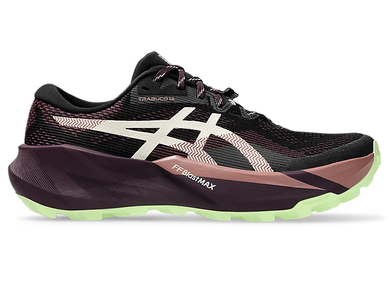 asics trabuco 14, lightweight trail running shoe for women, black colour with purple and green details, side profile of shoe on a white background