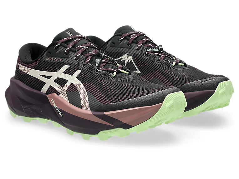 asics trabuco 14, lightweight trail running shoe for women, black colour with purple and green details, side profile of both shoes on a white background