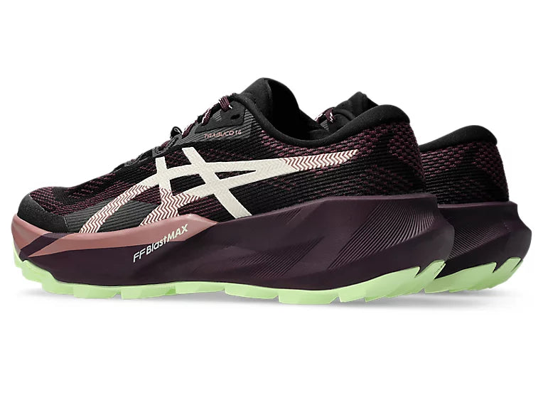 asics trabuco 14, lightweight trail running shoe for women, black colour with purple and green details, side profile of both shoes on a white background