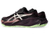 asics trabuco 14, lightweight trail running shoe for women, black colour with purple and green details, side profile of both shoes on a white background