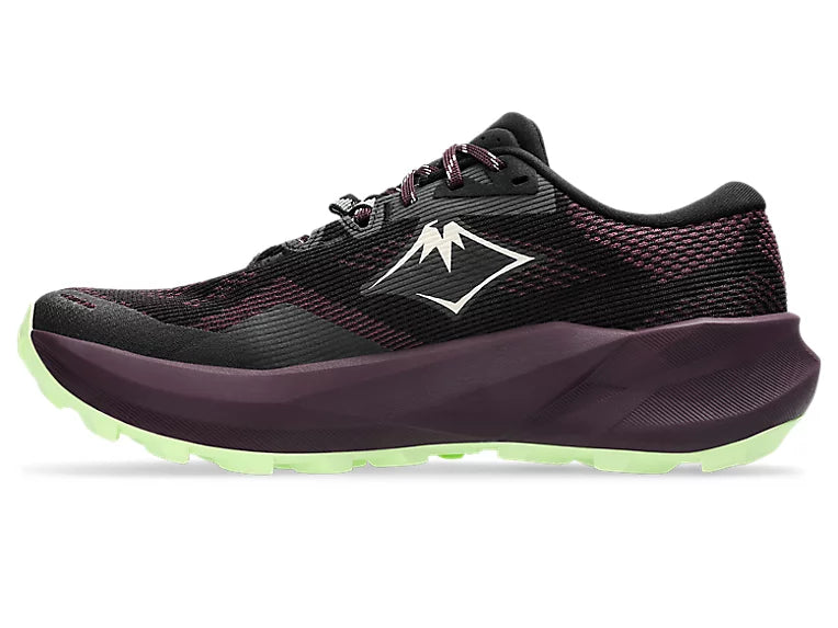 asics trabuco 14, lightweight trail running shoe for women, black colour with purple and green details, inside profile of shoe on a white background