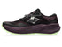 asics trabuco 14, lightweight trail running shoe for women, black colour with purple and green details, inside profile of shoe on a white background