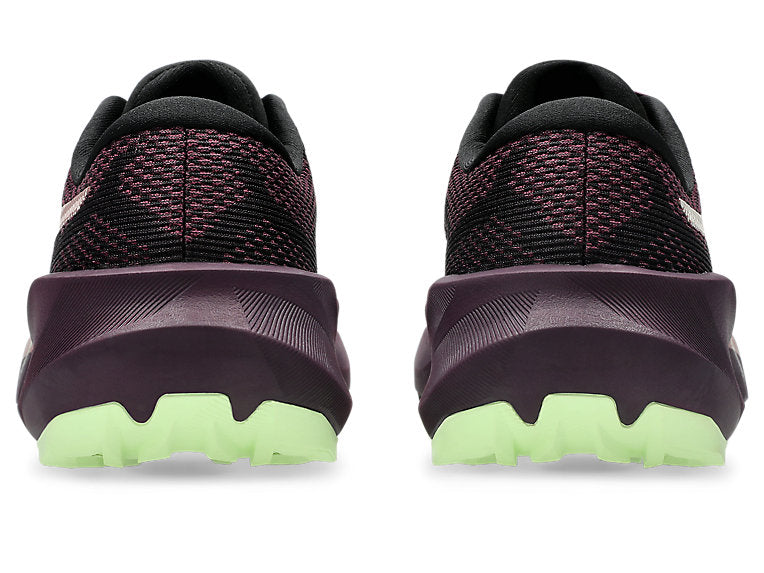 asics trabuco 14, lightweight trail running shoe for women, black colour with purple and green details, heel profile of both shoes on a white background