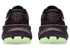 asics trabuco 14, lightweight trail running shoe for women, black colour with purple and green details, heel profile of both shoes on a white background
