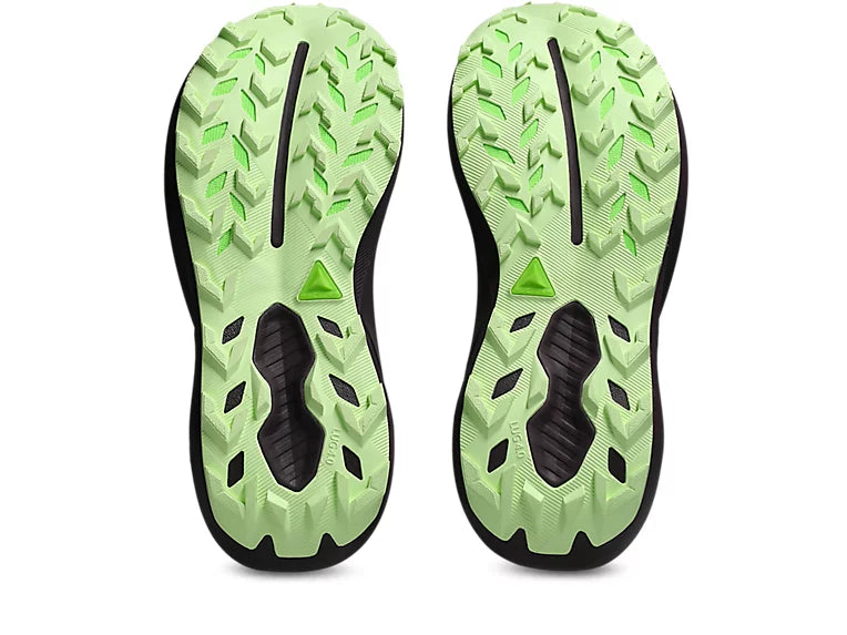 asics trabuco 14, lightweight trail running shoe for women, black colour with purple and green details, profile of both soles of shoe on a white background