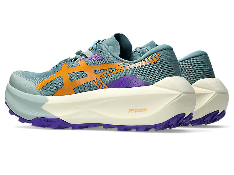 asics trabuco max 5, trail running shoe for women with advanced grip and comfort, teal colour with purple and orange details, back profile of both shoes on a white background