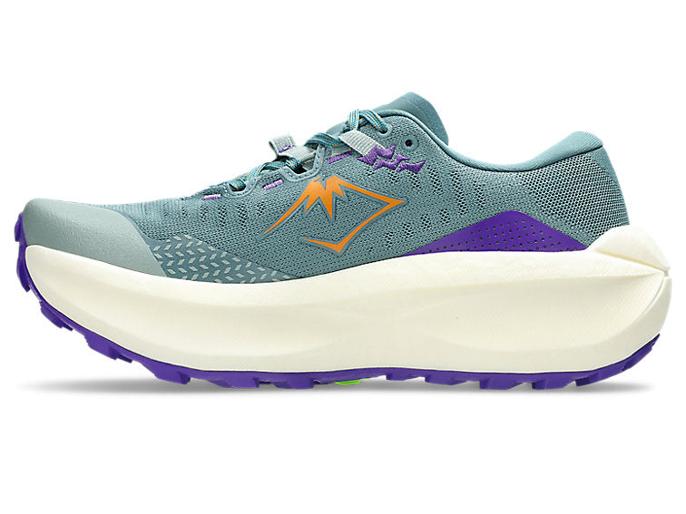 asics trabuco max 5, trail running shoe for women with advanced grip and comfort, teal colour with purple and orange details, side profile of shoe on a white background